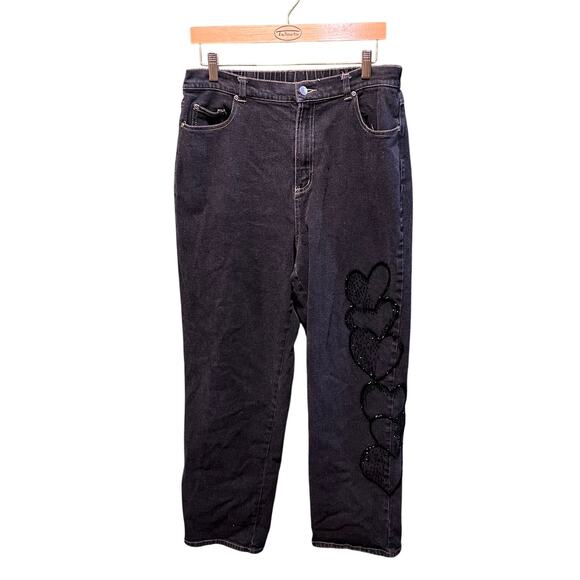 Quacker Factory Black Sequin Hearts Chain Denim Jeans Large Vintage - Picture 1 of 7